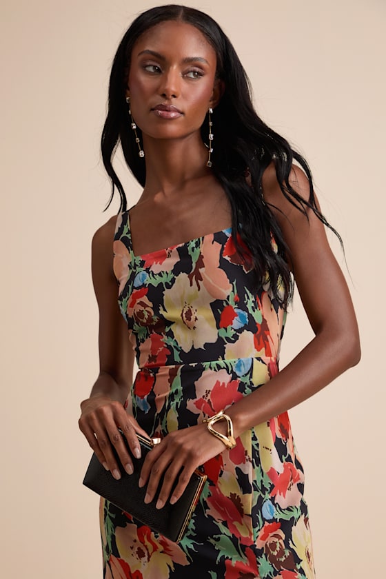 Black Multi Floral Dress - Black Maxi Dress - Sheath Maxi Dress