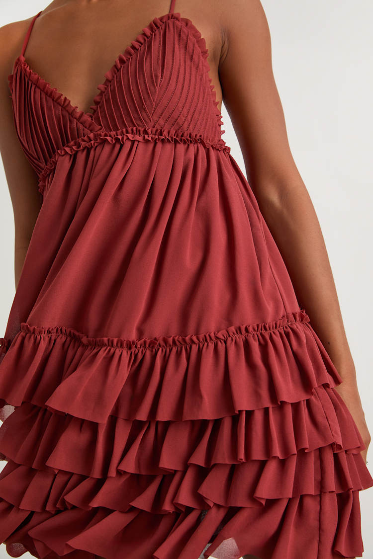 Rust Chiffon Dress - Tiered Mini Dress - Pleated Tiered Dress - Lulus