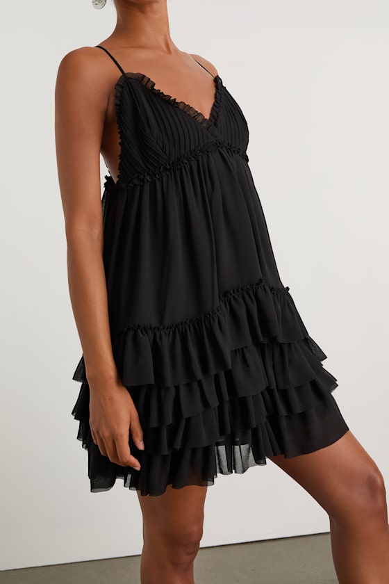 Black Chiffon Dress - Tiered Mini Dress - Pleated Tiered Dress - Image 2