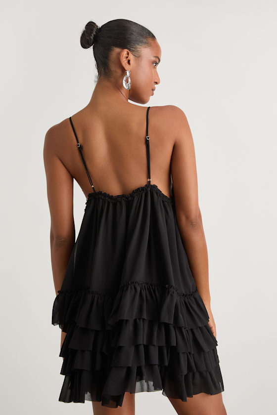 Black Chiffon Dress - Tiered Mini Dress - Pleated Tiered Dress - Image 3