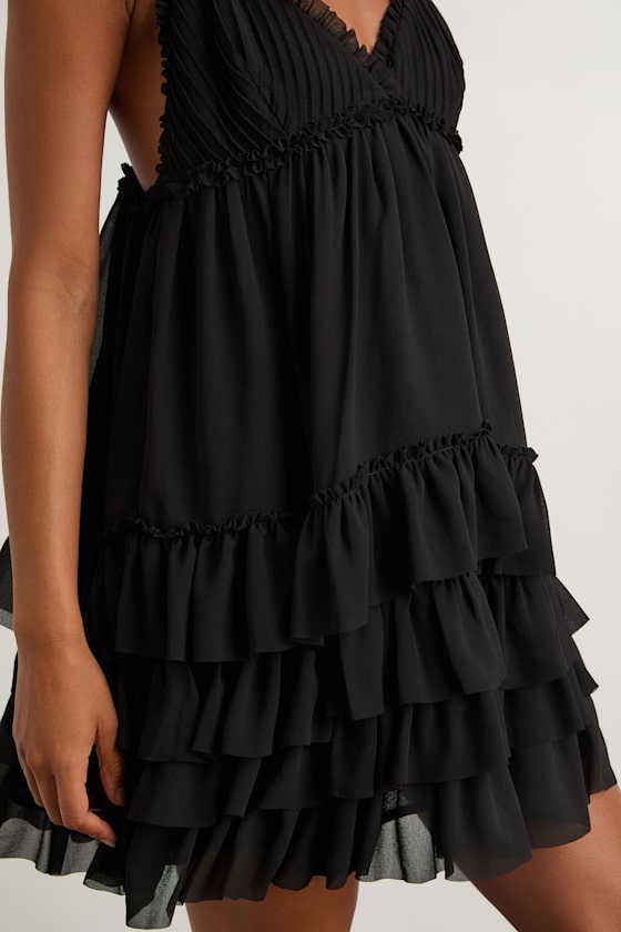 Black Chiffon Dress - Tiered Mini Dress - Pleated Tiered Dress - Image 5
