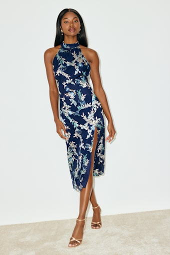 Lizbeth Navy Floral Jacquard Backless Midi Dress 2