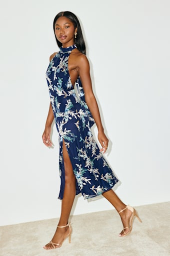 Lizbeth Navy Floral Jacquard Backless Midi Dress 5