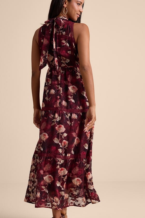 Image of Etheline Burgundy Floral Lace Tiered Midi Dress