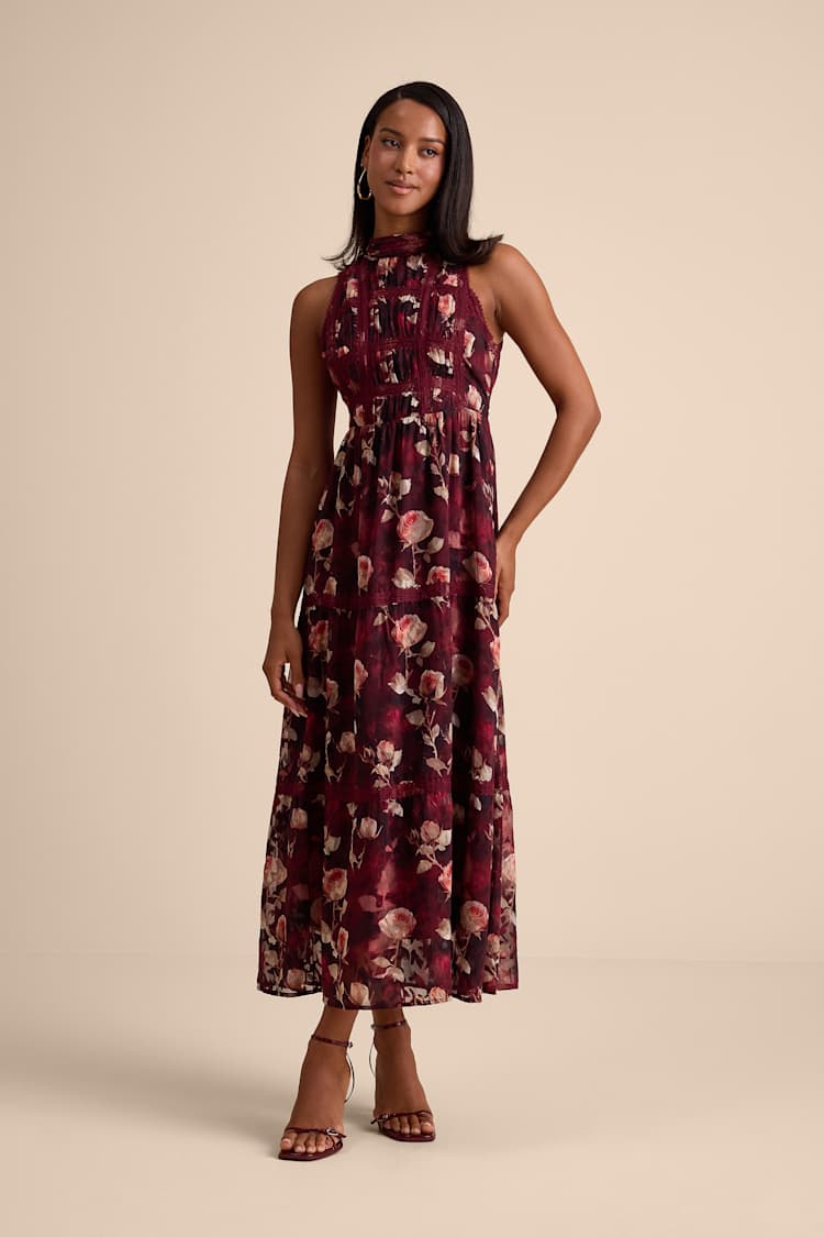 blue dress for baby girl Burgundy Floral Chiffon Wrap Front Ruffle Maternity Midi Dress – PinkBlush main image 1