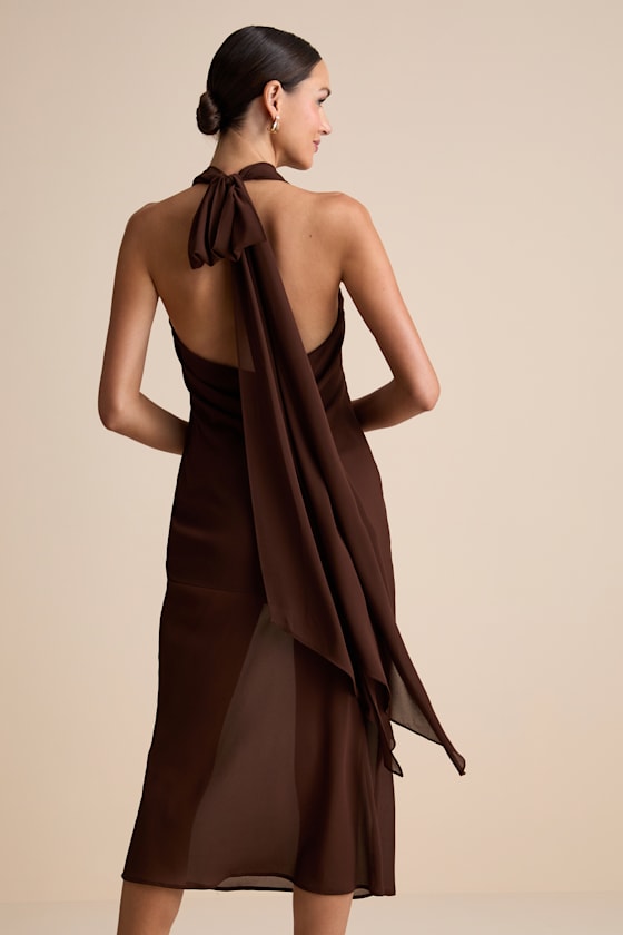 Lulus Eshai Brown Cowl Halter Midi Dress In Brown