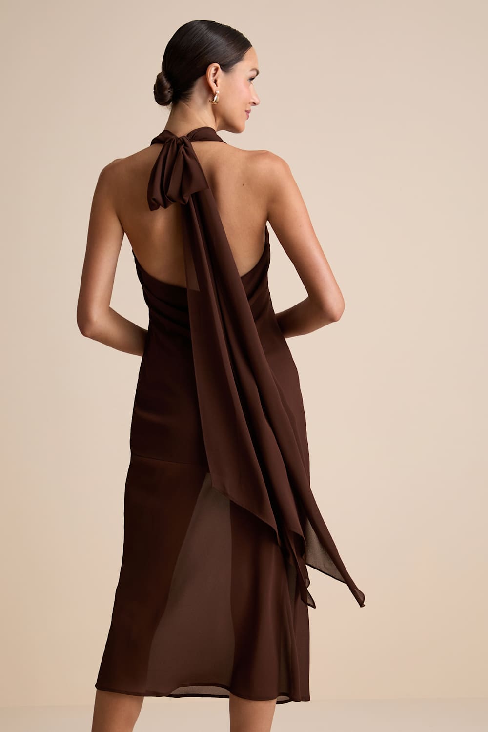 Eshai Brown Cowl Halter Midi Dress