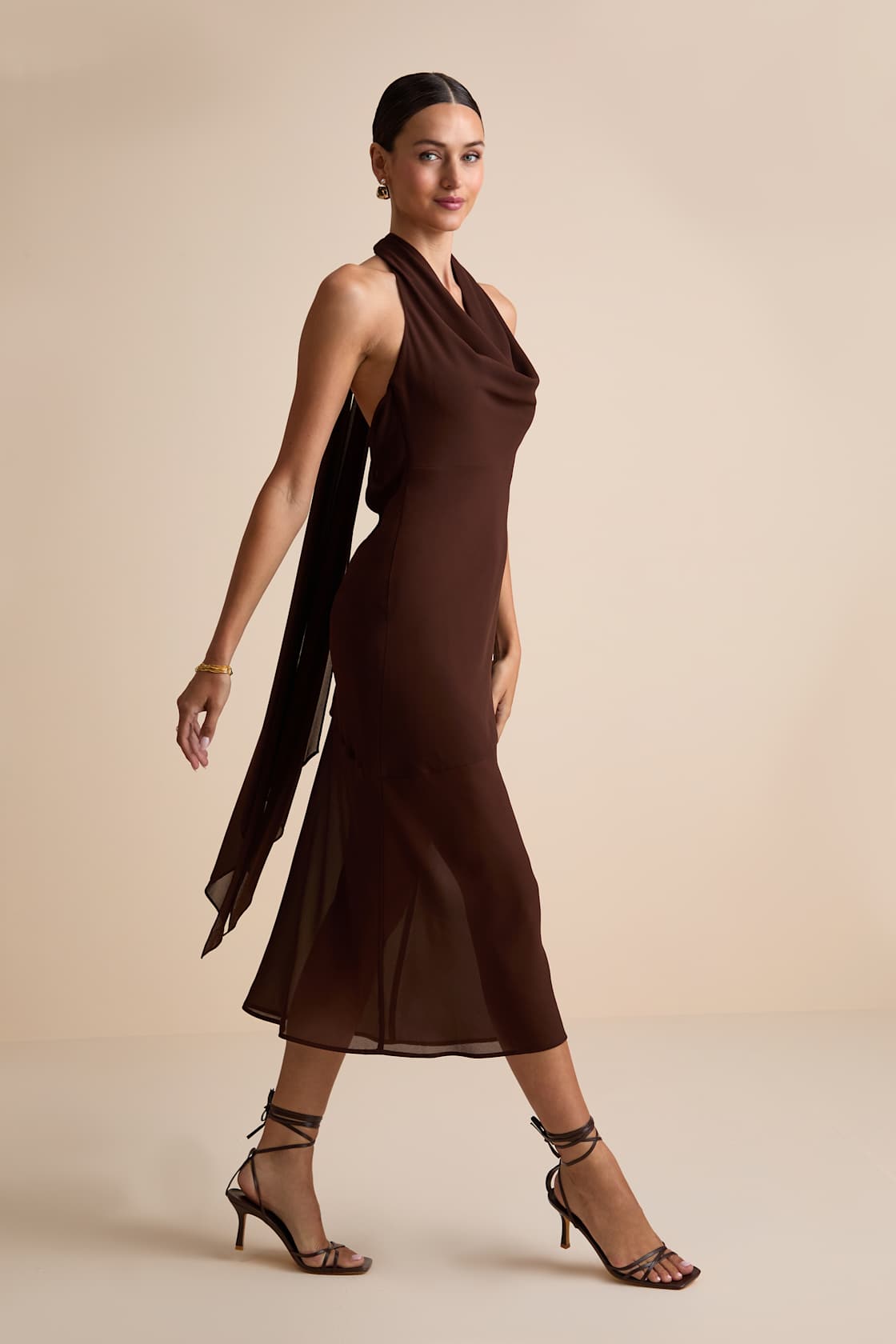 Eshai Brown Cowl Halter Midi Dress