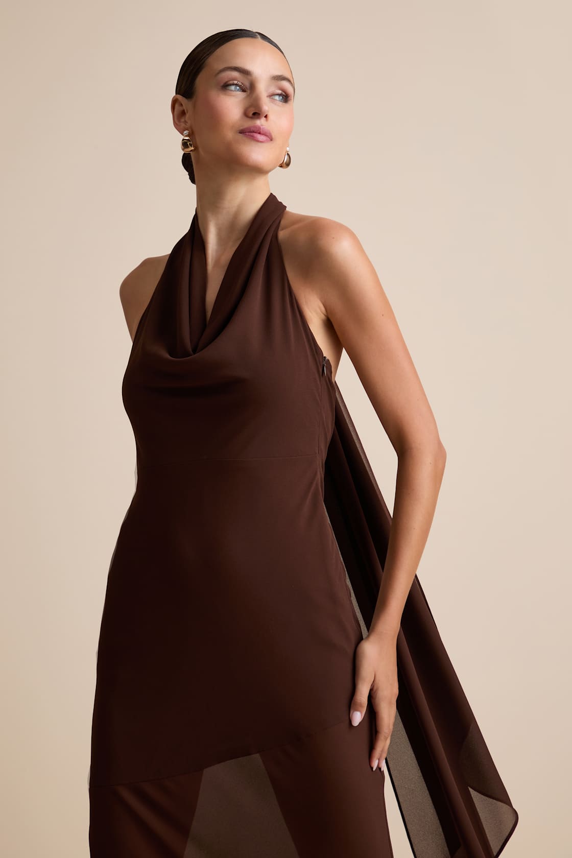 Eshai Brown Cowl Halter Midi Dress
