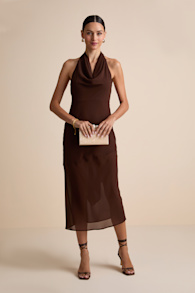 Eshai Brown Cowl Halter Midi Dress 5