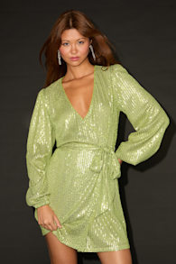 Sparkly Darling Chartreuse Sequin Long Sleeve Wrap Dress 2