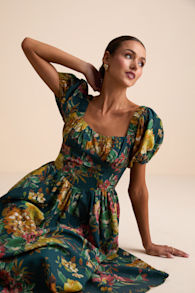 Adorable Tendencies Dark Teal Floral Puff Sleeve Midi Dress 1