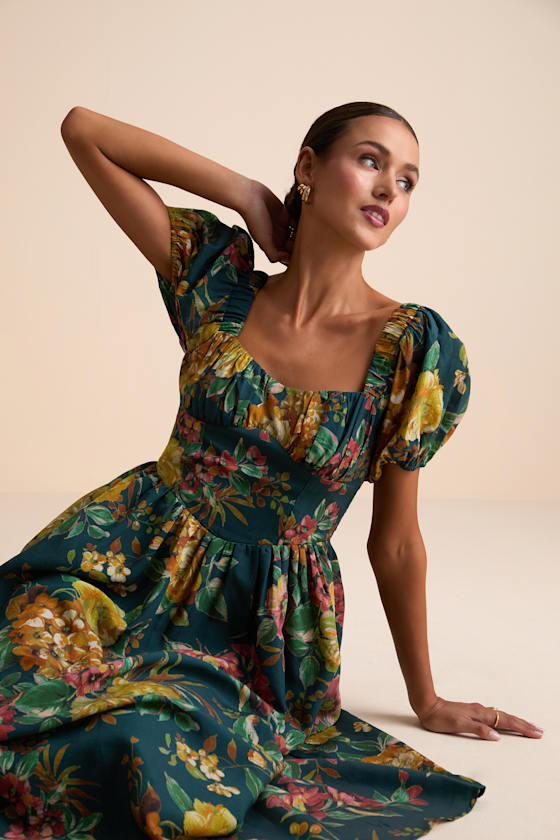 Adorable Tendencies Dark Teal Floral Puff Sleeve Midi Dress 1