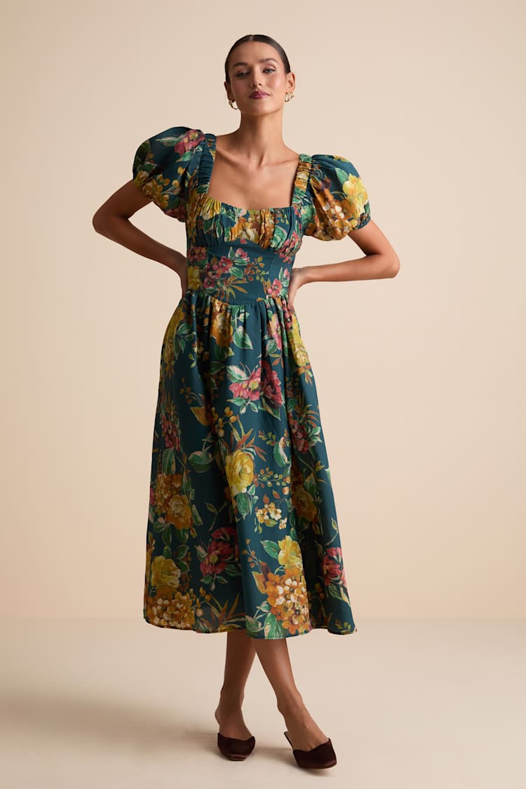 Adorable Tendencies Dark Teal Floral Puff Sleeve Midi Dress