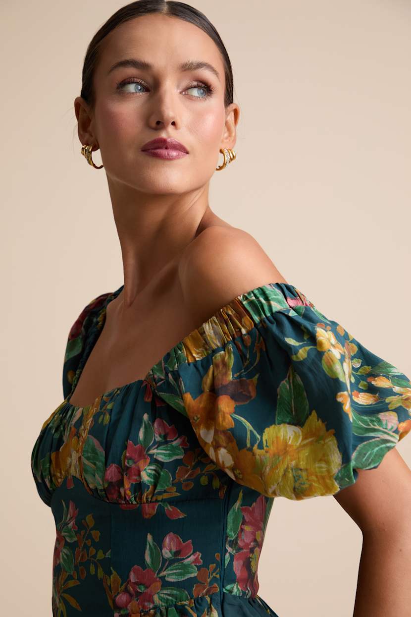 Adorable Tendencies Dark Teal Floral Puff Sleeve Midi Dress