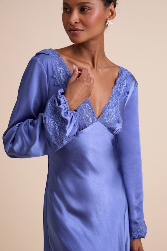 Illustrious Elegance Periwinkle Satin Long Sleeve Midi Dress 1