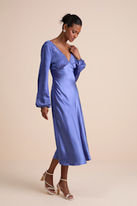 Illustrious Elegance Periwinkle Satin Long Sleeve Midi Dress 5