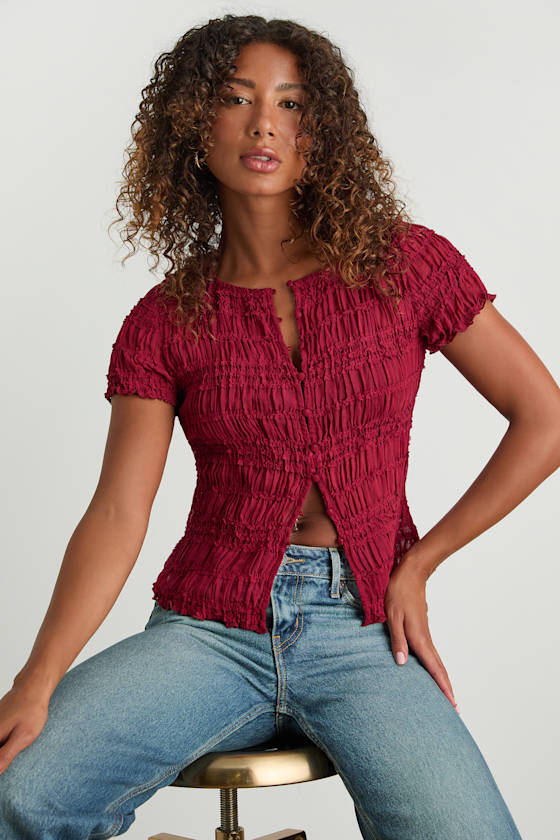 Tatiana Wine Red Sheer Textured Button-Front Top