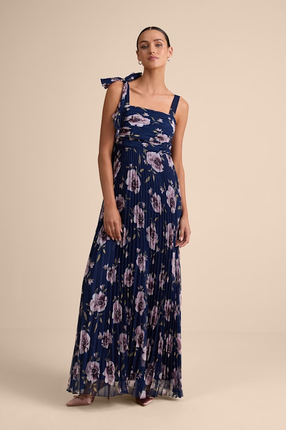 Image of Gorgeous Purpose Navy Floral Pleated Sleeveless Bow Maxi Dress