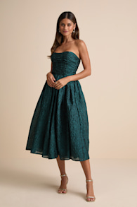 Analeia Emerald Jacquard Lace-Up Strapless Midi Dress 1