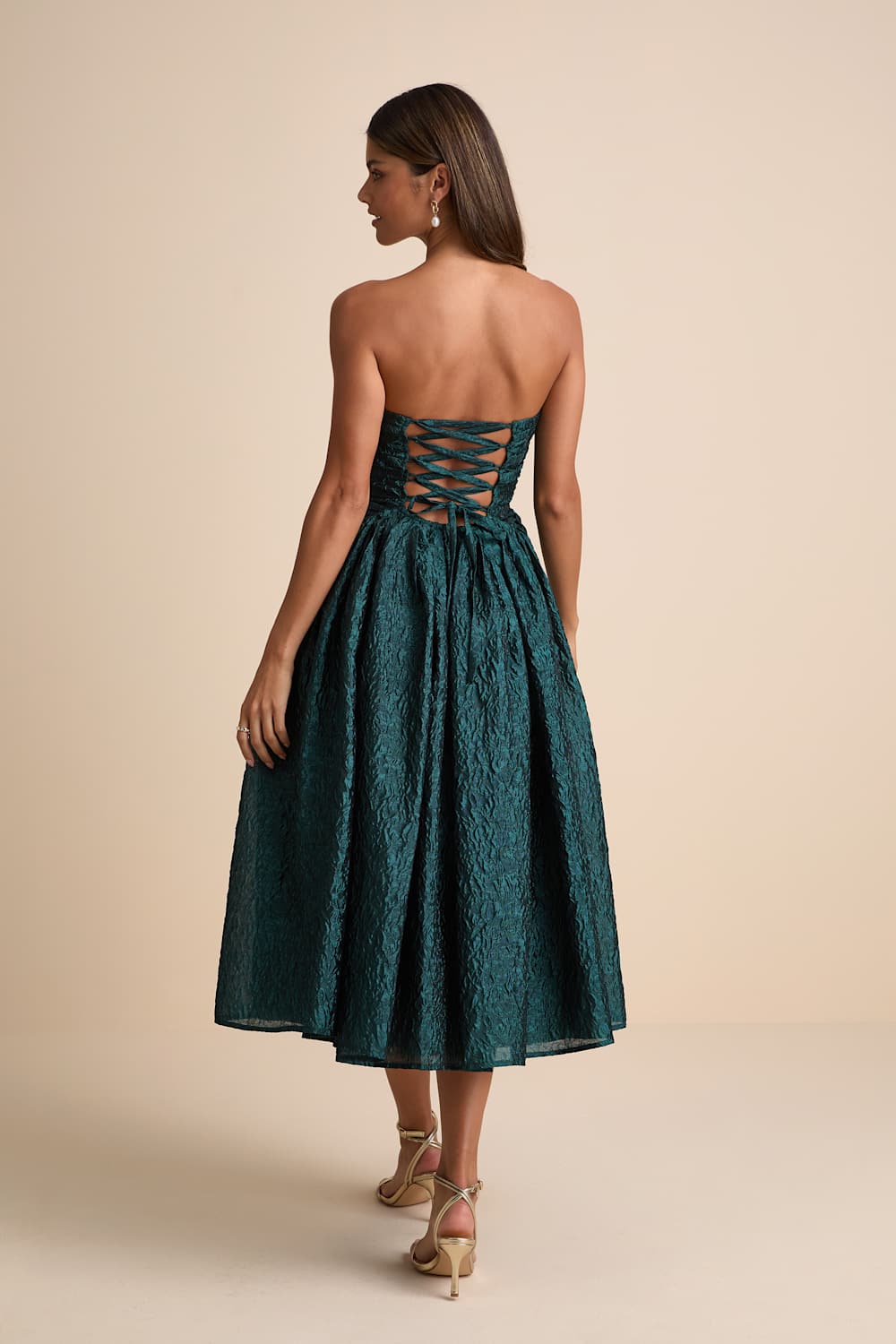 Analeia Dark Teal Jacquard Lace-Up Strapless Midi Dress