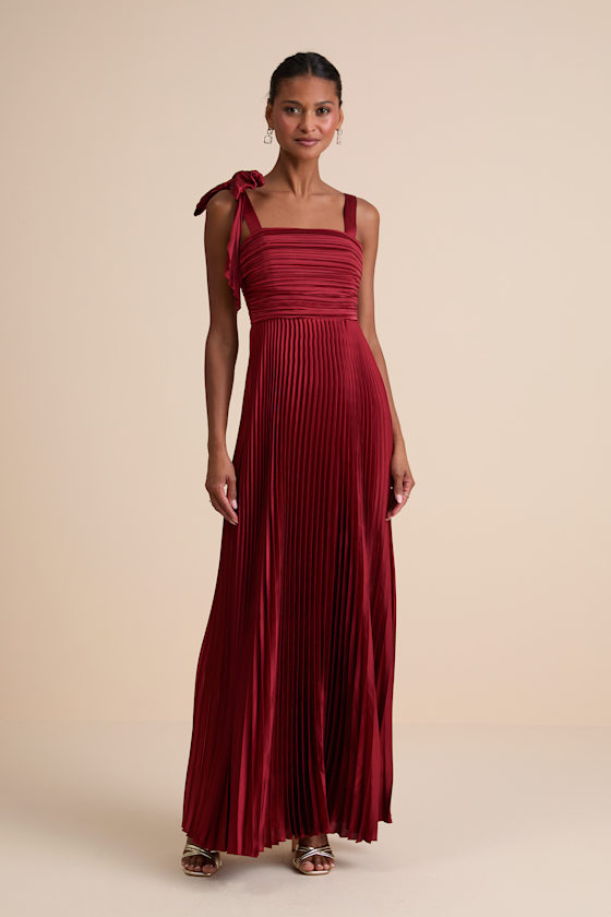 Lulus | Red Satin Pleated Sleeveless Bow Maxi Dress | Womens | Medium (Available in 3X, S, L, Xl) | Polyester/Spandex