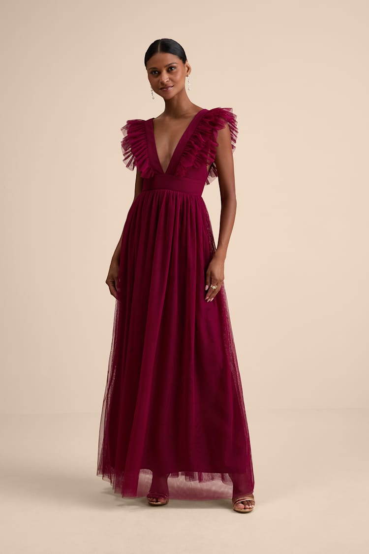 Burgundy Maxi Dress - Ruffled Maxi Dress - Plunge Maxi Dress - Lulus
