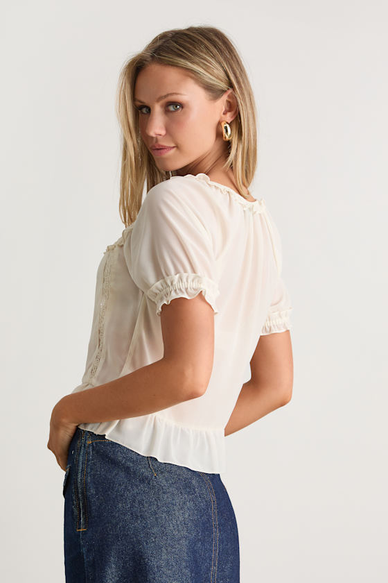 Bettine Cream Ruffled Slightly Sheer Short Sleeve Top 3