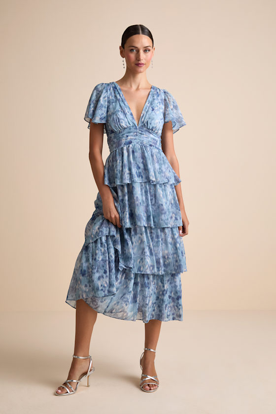Nalia Blue Abstract Print Tiered Tie-Back Midi Dress 1