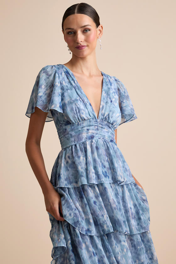 Nalia Blue Abstract Print Tiered Tie-Back Midi Dress 2