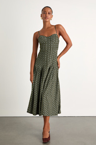 Joanna Olive Green Floral Corduroy Drop Waist Midi Dress 1