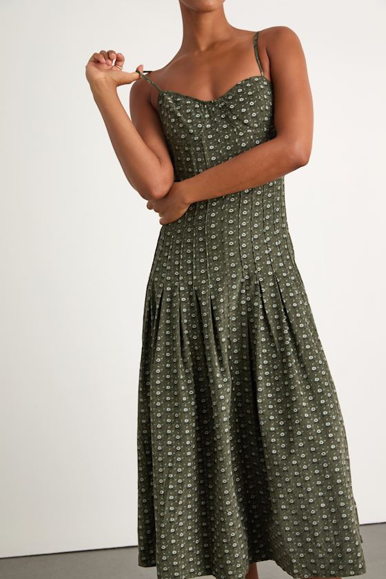 Joanna Olive Green Floral Corduroy Drop Waist Midi Dress 2