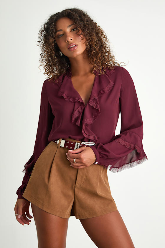 Jess Burgundy Ruffled Lace Long Sleeve Top 1