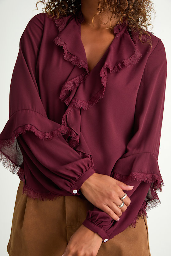 Jess Burgundy Ruffled Lace Long Sleeve Top 2