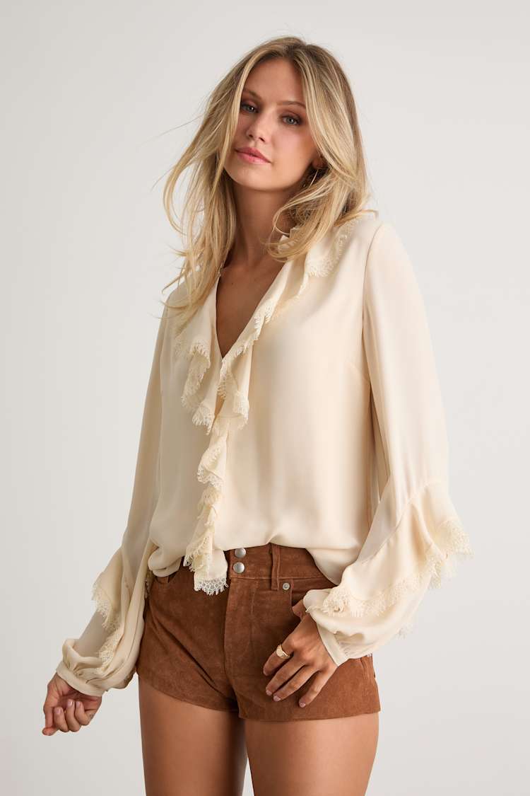 Jess Cream Ruffled Lace Long Sleeve Top