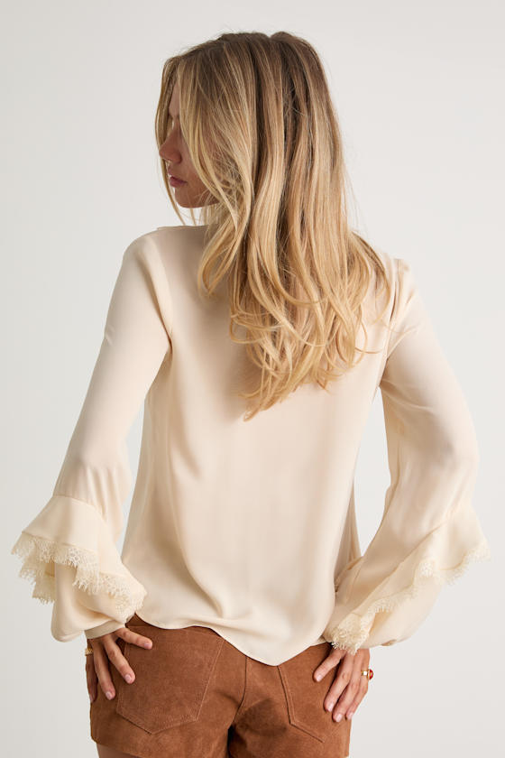 Lulus Jess Cream Ruffled Lace Long Sleeve Top In White
