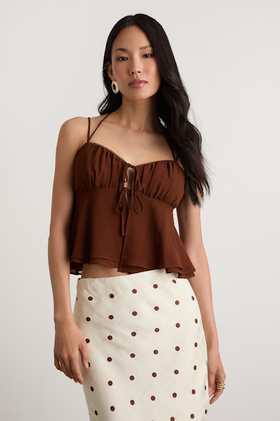 Brown Chiffon Top - Brown Cami Top- Babydoll Top - Tie-Front Top