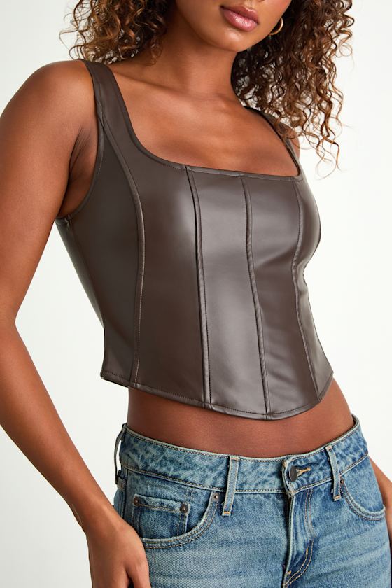 Alikah Dark Brown Vegan Leather Bustier Tank Top 2