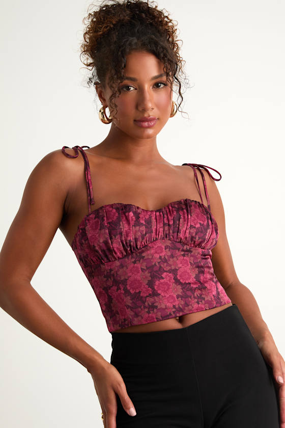 Raissa Burgundy Floral Satin Tie-Strap Crop Top 1