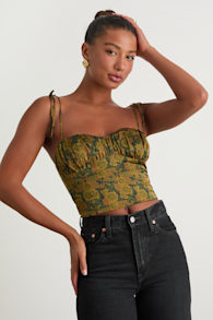 Raissa Olive Green Floral Satin Tie-Strap Crop Top 1