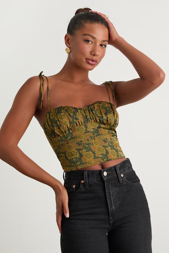 Raissa Olive Green Floral Satin Tie-Strap Crop Top 1