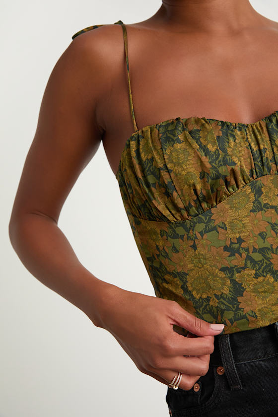 Raissa Olive Green Floral Satin Tie-Strap Crop Top 2