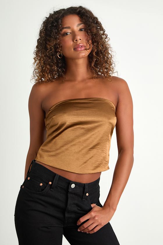 Devine Bronze Satin Strapless Crop Top 1