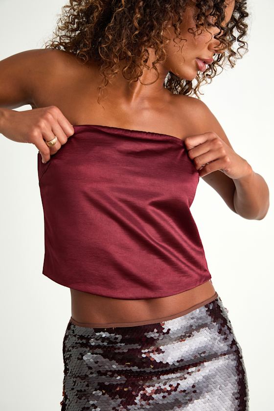 Devine Burgundy Satin Strapless Crop Top 1