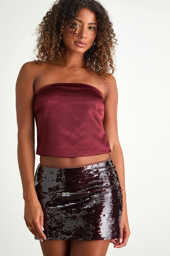 Devine Burgundy Satin Strapless Crop Top 2