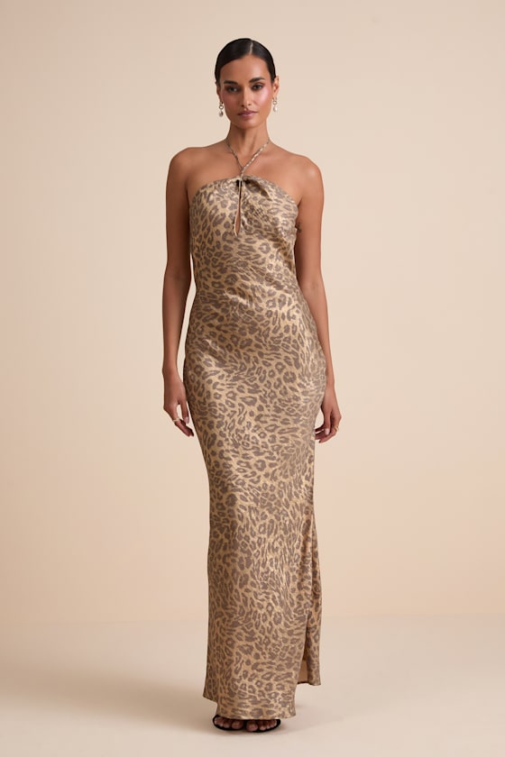 Axelle Gold Leopard Print Satin Cutout Halter Maxi Dress 1