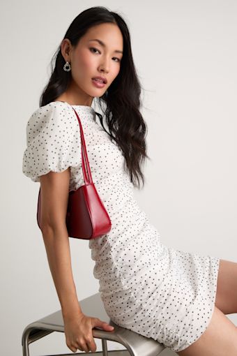 Claritza White Polka Dot Ruched Puff Sleeve Mini Dress 1
