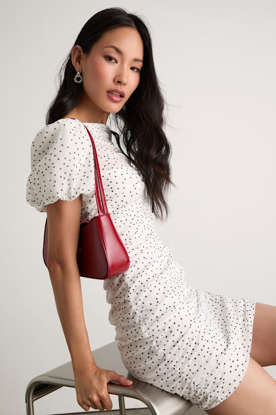 Claritza White Polka Dot Ruched Puff Sleeve Mini Dress 1
