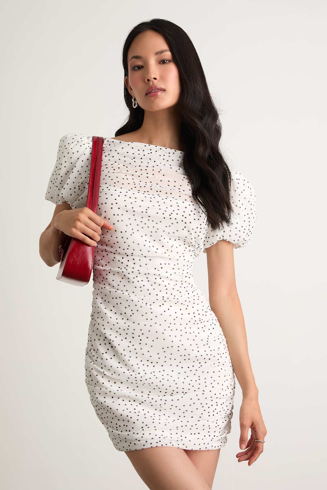 Claritza White Polka Dot Ruched Puff Sleeve Mini Dress