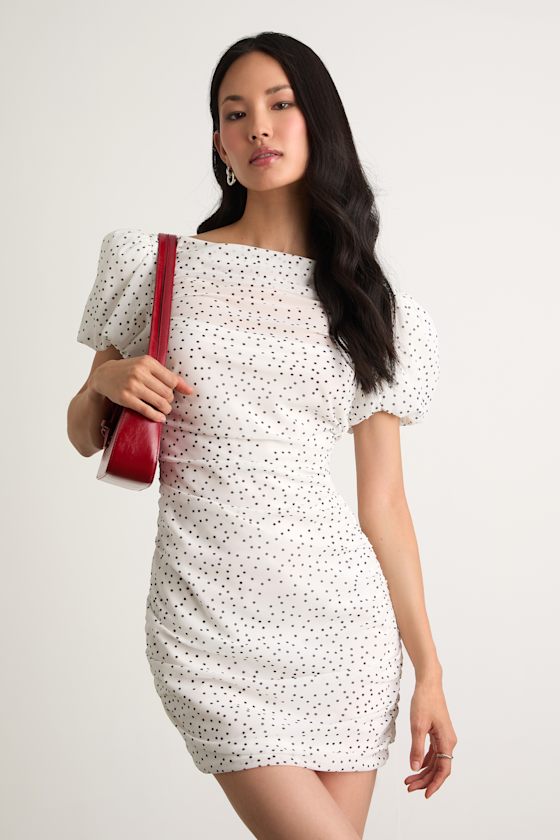 Claritza White Polka Dot Ruched Puff Sleeve Mini Dress 3